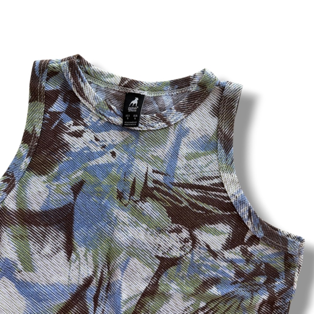 Cuidado con el Perro Women's L Blue Green Abstract Graphic Mesh Crop Tank Beachy
